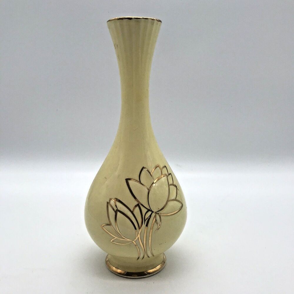 Vintage Golden Aero Warranted 22 K Gold Pale Yellow Lotus Flower Flute Bud Vase